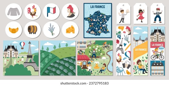 Cute France cards set with Eiffel tower, Notre dame, people, animals, croissant, baguette. Vector cartoon French square, round, vertical print templates. Touristic design for tags, postcards
