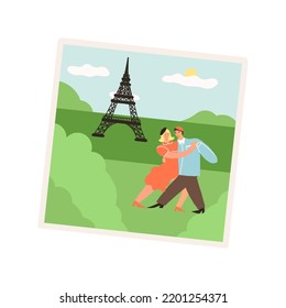 Cute France vacation pic, the landscape with sightseeing attractions, photography of the couple dancing, and the Eiffel Tower in the background. Save the memories concept. Vector illustration.