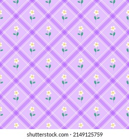 Cute Frangipani Plumeria Elemento Lilac Violeta Púrpura Banda Diagonal Tirada Línea Tilada Tilada Tartán Búfalo Scott Gingham Pattern Vector De Fondo Ilustración Picnic Mat