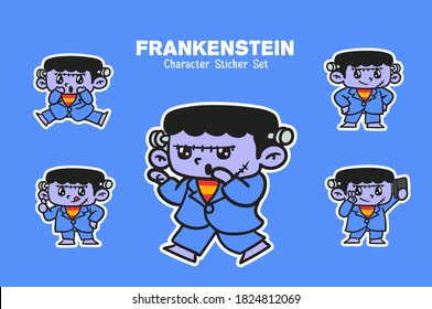 Juego de stickers de la ilustración de caracteres de Halloween de Cute Frankenstein