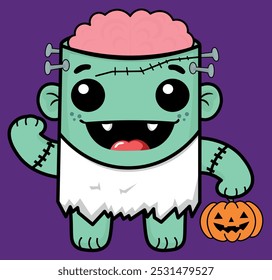 Lindo Frankenstein para Halloween, monstruo verde, con sombrero de calabaza, monstruo de halloween