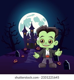 Cute Frankenstein Halloween illustration. Cute and happy Frankenstein  Design for Halloween.