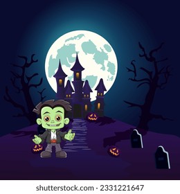 Cute Frankenstein Halloween illustration. Cute and happy Frankenstein  Design for Halloween.