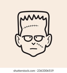 Cute Frankenstein head character with stitches and big eyes outline iconic vector line art.