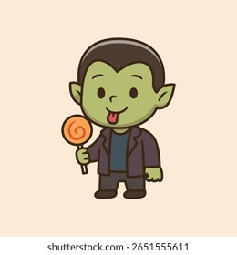 Personagem infantil Frankenstein bonito no Halloween fantasia lambendo doce