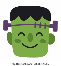 Cute Frankenstein monster face illustration. Funny cartoon zombie character head. Happy Halloween party mascot design. Green monster sticker for kids. Spooky character vector icon.