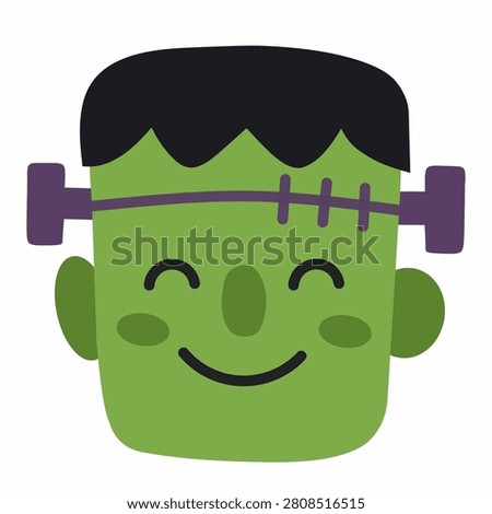Cute Frankenstein monster face illustration. Funny cartoon zombie character head. Happy Halloween party mascot design. Green monster sticker for kids. Spooky character vector icon.