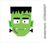 Cute Frankenstein Monster Vector Illustration for Halloween. Spooky Green Zombie Character. kids logo. Digital illustration art. Halloween horror creature cute cartoon green face vector