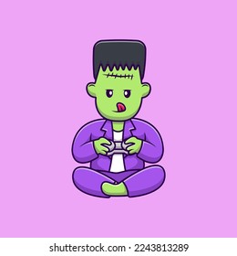 Cute Frankenstein Playing Gaming Console Cartoon Vector Icons Illustration. Flat Cartoon Concept. Suitable for any creative project.