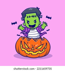 Cute Frankenstein en Pumpkin Halloween con Ilustración del Vector de Caricatura de Murciélago. Vector Premium Aislado De Icono De Festividad. Estilo de dibujo plano