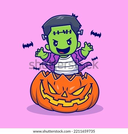 Cute Frankenstein in Pumpkin Halloween with Bat Cartoon Vector Icon Illustration. People Holiday Icon Concept Isolated Premium Vector. Flat Cartoon Style