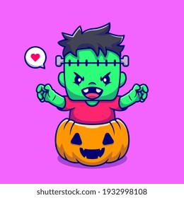 Cute Frankenstein With Pumpkin Halloween Cartoon Vector Icon Illustration. People Holiday Icon Concept Isolated Premium Vector. Flat Cartoon Style