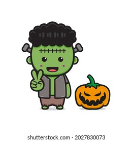 Cute frankenstein with pumpkin halloween cartoon icon illustration. Design isolated flat cartoon style