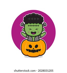 Cute frankenstein with pumpkin halloween cartoon icon illustration. Design isolated flat cartoon style