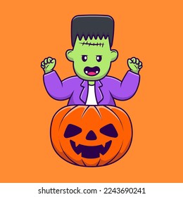 Cute Frankenstein With Pumpkin Halloween Cartoon Vector Icons Illustration. Flat Cartoon Concept. Suitable for any creative project.