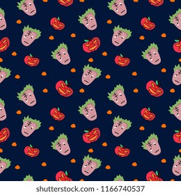 Cute frankenstein and pumpkin seamless pattern