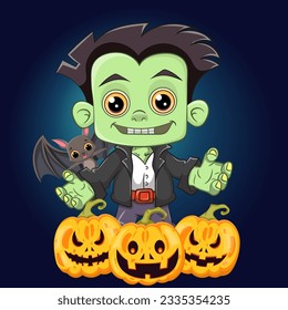 Cute Frankenstein and scary pumpkins Halloween illustration. Cute and happy Frankenstein  Design for Halloween.