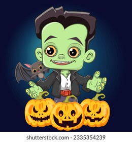 Cute Frankenstein and scary pumpkins Halloween illustration. Cute and happy Frankenstein  Design for Halloween.