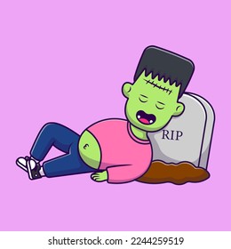 Cute Frankenstein Sleeping On Brave Cartoon Vector Icons Illustration. Flat Cartoon Concept. Suitable for any creative project.
