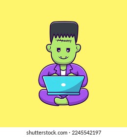 Cute Frankenstein Working On Laptop Cartoon Vector Icons Illustration. Flat Cartoon Concept. Suitable for any creative project.
