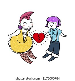 Cute freaks in love. Gender-queer, cross-dressing, punk, goth, skin. Vector illustration for prints, jokes, tags