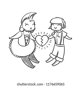 Cute freaks in love. Gender-queer, cross-dressing, punk, goth, skin. Vector illustration for prints, jokes, tags