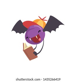 Cute Freaky Monster, Funny Bat Cartoon Character Reading Book Vector Illustration
