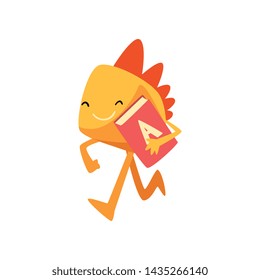 Cute Freaky Monster Running with Book, Funny Colorful Alien Cartoon Character Vector Illustration
