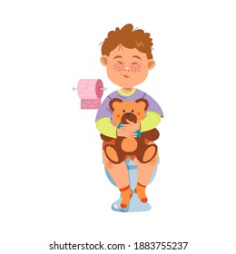 Cute Freckled Boy Sitting on Toilet Bowl in the Morning Vector Illustration