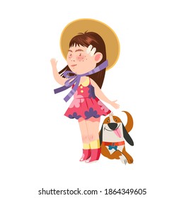 Cute Freckled Girl in Wide Brimmed Hat Walking with the Dog Vector Illustration
