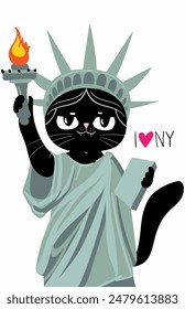 Cute free cat illustration. New York city varsity college slogan print. Typography print design. graphic design for kids t shirts. American New York poster print. statue of liberty