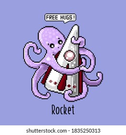 Cute free hugs from space monster to iron rocket. Vector illustration of a purple alien for stickers, video games, animation, coloring on squares, embroidery. A friendly UFO character.