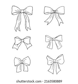 Cute freehand bow doodle, Black outline girl hair accessories. Hand drawn fashion elements and Holiday dressing items.