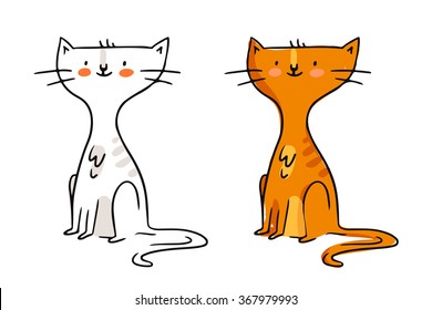 Cute freehand cartoon vector character, funny ginger cat sketch in monochrome and in color isolated on white