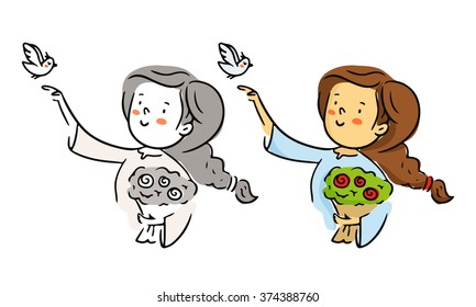 Cute freehand cartoon vector character, young woman with flower bouquet and flying bird, romantic sketch in monochrome and in color isolated on white