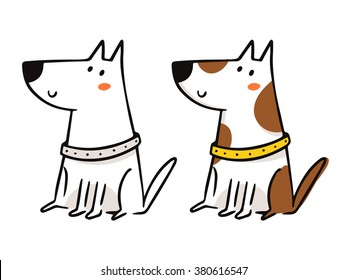 Cute freehand cartoon vector character, funny dog sketch in monochrome and in color isolated on white