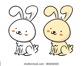 Cute freehand cartoon vector character, funny rabbit, Easter bunny sketch in monochrome and in color isolated on white