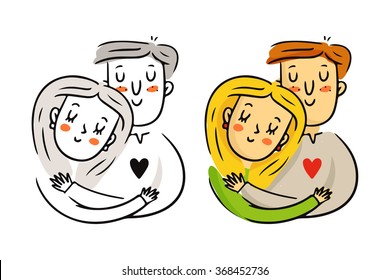 Cute freehand cartoon vector cuddling couple in love, bright St. Valentine's Day characters sketch in monochrome and in color isolated on white