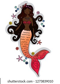 Cute freehand colored princess mermaid brown hair and closed eyes illustration, Floating star fish and bubbles sketch, Sea shell necklace, coral tiara and pink fish tail, Whimsical fairy tale drawing