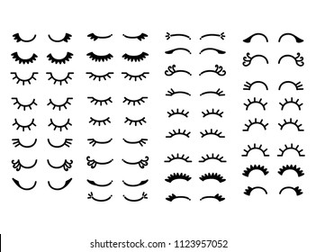 Cute freehand curled thick girl eyelashes black outline illustration collection, pretty women cartoon closed eyes doodle, sweet sleepy look, beautiful embellish makeup icon, decorative fashion element