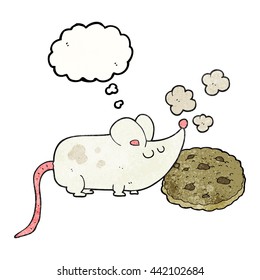 ratón de dibujos animados con textura de burbuja de pensamiento dibujado a mano libre y cookie