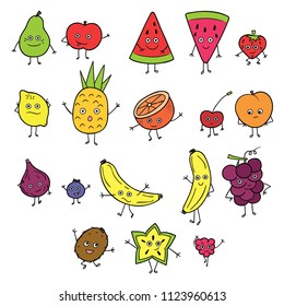 Cute freehand fruit character, Colored apple, pineapple, banana, grapes, strawberry, blueberry, orange, lemon, pear, star, kiwi, peach, grapefruit, cherry, fig, watermelon and raspberry fun drawing