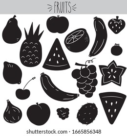 Cute freehand fruit illustration, Black silhouette apple, pineapple, banana, grapes, strawberry, blueberry, orange, lemon, pear, star, kiwi, peach, grapefruit, cherry, fig, watermelon and raspberry