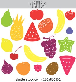 Cute freehand fruit illustration, Colored shape apple, pineapple, banana, grapes, strawberry, blueberry, orange, lemon, pear, star, kiwi, peach, grapefruit, cherry, fig, watermelon and raspberry