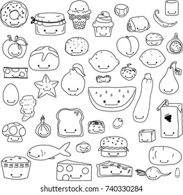 Cute freehand fruit and vegetable Kawaii, black outline breakfast food, bread, cheese, egg and  jam sketch, Dessert, cupcake, ice cream and donuts drawing, Cheese burger, Fish sushi, smiley face meal