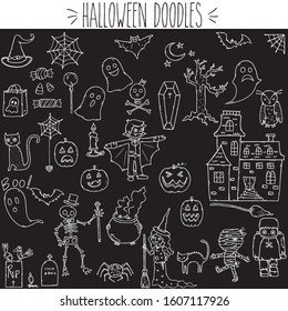 Cute freehand Halloween haunted house & spooky ghost doodle, White outline Dracula, Mummy & Frankenstein, Witch hat, spider web, cat, broom and cauldron sketch, Skeleton, pumpkin, bat and tomb drawing