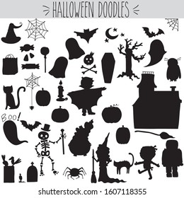Cute freehand Halloween haunted house & spooky ghost doodle, Black silhouette Dracula, Mummy & Frankenstein, Witch hat, spider web, cat, broom and cauldron sketch, Skeleton, pumpkin, bat, tomb drawing