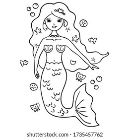 Cute freehand princess mermaid wavy hair and open eyes black outline illustration, Floating star fish and bubbles sketch, Sea shell necklace, and coral tiara, Whimsical fairy tale drawing