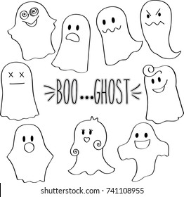 Cute freehand silly floating ghost, Funny cartoon illustration, Black outline flying girl and boy fantasy character, Spooky Halloween sketch, Angry, crazy and scary face drawing, Elvis ghost vector