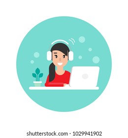 cute freelancer girl on computer with earphones. flat vector cartoon illustration in blue circle. creative work. manager with laptop. chat online, home workplace, internet conversation. 